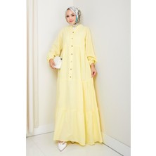 Harma Time Butik Kadın Düğmeli Kat Detaylı Sarı Keten Elbise