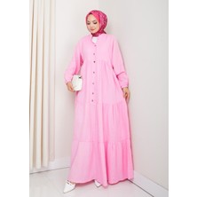 Harma Time Butik Kadın Düğmeli Kat Detaylı Pembe Keten Elbise