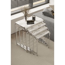 Defne 4' Lü Zigon Sehpa Gümüş Ayak Beyaz Mermer Desen 18 mm Mdf