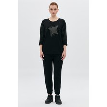 Yıldız Aplikeli Taşlı Çizgili Truvakar T-Shirt