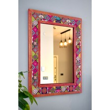 El Yapımı Masif Ahşap & Mandala Desenli Mermer Duvar Aynası – 48X63 cm | Model: 021.1