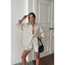 Poplin Çizgili Gömlek - Şort Takım - Bej