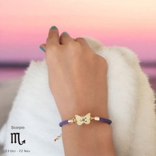 Altın Plakalı 14 Ayar Akrep Burçlarına Özel Kelebek Motifli Mor Derili Hediye BILEKLIK-469BURÇ