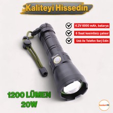 1200 Lümen 20W  6000 Mah Şarjlı Powerbank Ledli El Feneri Parlak Uzun Menzil Su Geçirmez Kamp Fener
