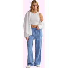 Kadın Geniş Paça Çizgili Dokuma Pantolon Yazlık Rahat Günlük Stil Yaz Aylarının Vazgeçilmezi