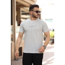 Erkek Dikey Çizgili Ottoman Kumaş Kısa Kollu T-Shirt