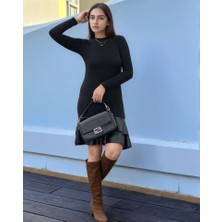 Kadın Uzun Kollu Bisiklet Yaka Üst Viskon Etek Ucu Deri Kısa Elbise