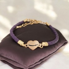 14 Ayar Altın Plakalı Zülfikar Temalı Kalp Motifli Doğal Mor Derili Hediye BILEKLIK-472SEMBOL
