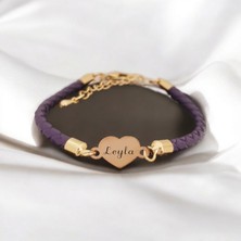 Altın Plakalı 14 Ayar Leyla Ismine Özel Doğal Mor Derili Kalp Motifli Hediye BILEKLIK-472ISIM
