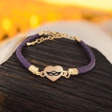 Altın Plakalı 14 Ayar Balmaske Temalı Kalp Motifli Doğal Mor Derili Hediye BILEKLIK-472SEMBOL