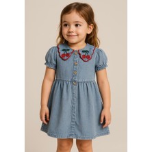Kız Yaka Kiraz Detaylı Denim Elbise