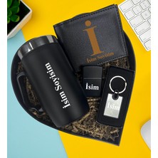 Kişiye Özel Premium Kalp Kutu Termos Kulplu Bardak Metal Erkek Cüzdan Lüx Anahtarlık Zippo Metal Çakmak Hediye Set