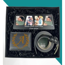 Kişiye Özel  4 Fotoğraflı Baba Tasarım Masaüstü Siyah Çerçeve Erkek Cüzdan ve Kemer Babaya Hediye