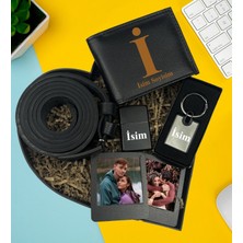 Kişiye Özel Premium Kalp Kutu Cüzdan Kemer Metal Lüx Anahtarlık Metal Çakmak Ikili Siyah Mdf Masaüstü Çerçeve Hediye Set