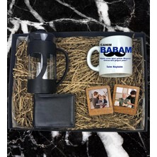 Kişiye Özel Baba Tasarımlı  Kupa Bardak Erkek Cüzdanı French Press 2'li Ahşap Mdf Kahverengi Çerçeve Özel Hediye Seti (Siyah-Mavi)
