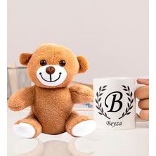 Kişiye Özel 25CM Peluş Ayıcık ve Baş Harf ve Isimli Tasarımlı Beyaz Kupa Bardak