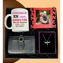 Anneler Gününe Özel Canım Annem Kırmızı Çerçeve Siyah Cüzdan Melek Kolye ve Dünyanın En Güzel Annesine Tasarımlı Kupa Bardak