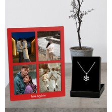 Kişiye Özel Premium 4 Fotoğraflı Kolaj  Ahşap Masaüstü Çerçeve ve Kartanesi Kolye Hediye Seti