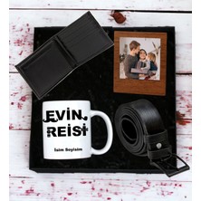 Kişiye Özel Evin Reisi Tasarımlı Kupa Bardak Erkek Cüzdan Kemer Ahşap Mdf Kahverengi Çerçeve