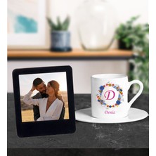Kişiye Özel Isim Tasarımlı Türk Kahve Fincanı ve Resimli Siyah Çerçeve