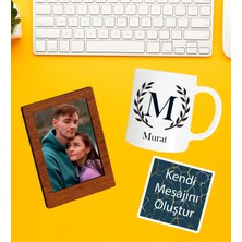 Kişiye Özel Baş Harf Isim Soyisim Beyaz Kupa  Fotoğraflı Çerçeve ve Kendi Mesajını Oluştur Kart Seti