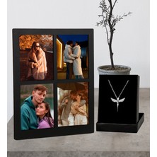 Kişiye Özel 4 Fotoğraflı Kolaj Ahşap Çerçeve ve Melek Kolye Set