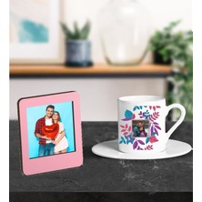 Kişiye Özel Fotoğraf Tasarımlı Türk Kahve Fincanı ve Resimli Pembe Çerçeve