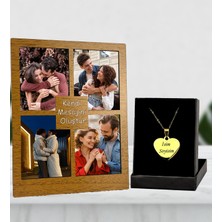 Kişiye Özel 4 Fotoğraflı Kendi Mesajını Oluştur Kolaj Ahşap Renk Masaüstü Çerçeve ve Gümüş Kaplama Kolye