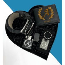 Kişiye  Gününe Özel Kalp Kutuda Erkek Cüzdan Deri Kemer Metal Çakmak Lüx Anahtarlık