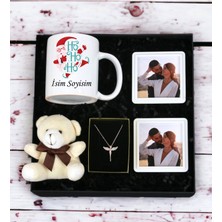 Kişiye Özel  Yılbaşı Tasarımlı Beyaz Kupa Bardak Ayıcık Anahtarlı Çerçeve ve Melek Kolye Seti