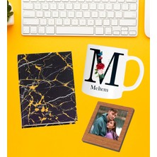 Kişiye Özel Baş Harf Isim Soyisim Beyaz Kupa Fotoğraflı Çerçeve ve Yaldızlı Desenli Defter Set