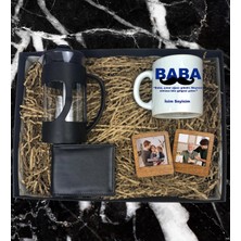 Kişiye Özel Baba Tasarımlı  Kupa Bardak Erkek Cüzdanı French Press 2'li Ahşap Mdf Kahverengi Çerçeve Özel Hediye Seti (Siyah-Siyah)