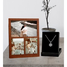 Kişiye Özel 3 Fotoğraflı Kolaj Ahşap Çerçeve ve Kartanesi Kolye Set
