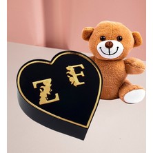 Kalpli Kutu Kişiye Özel Çift Harf Tasarımlı Kalp Kutu ve 25 cm Peluş Ayıcık