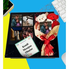 Kişiye Özel Premium Ikili Fotoğraflı Resimli Ayıcık Buketi 4 Resimli Siyah Ahşap Mdf Kolaj Masaüstü Çerçeve Hediye Set