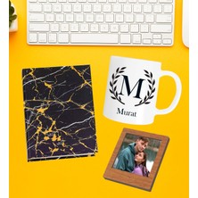 Kişiye Özel Baş Harf Isim Soyisim Beyaz Kupa Fotoğraflı Çerçeve ve Yaldızlı Desenli Defter Set
