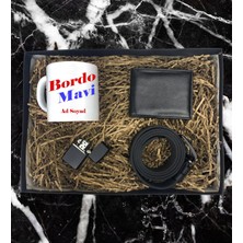 Bordo Mavi Taraftar Isim Soyisim Tasarımlı Kupa Bardak Cüzdan Kemer Çakmak Özel Hediye Seti