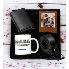 Kişiye Özel 4 Fotoğraf Tasarımlı Kupa Bardak Erkek  Mekanizmalı Cüzdan Kemer  Ahşap Mdf Kahverengi Çerçeve