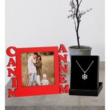 Annelere Özel Canım Annem Tasarımlı Fotoğraflı Kırmızı Çerçeve ve Kartanesi Kolye Set