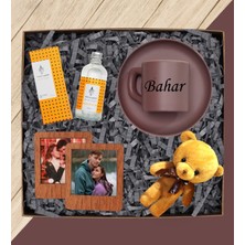 Kişiye Özel Isimli Kahve Rengi Türk Kahvesi Fincanı Kolonya Ayıcık Anahtarlık ve Fotoğraflı Ahşap Çerçeve Seti