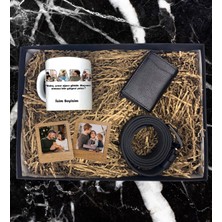 Kişiye Özel 4 Fotoğraf Tasarımlı Kupa Bardak Erkek  Mekanizmalı Cüzdan Kemer 2'li Ahşap Mdf Kahverengi Çerçeve Özel Hediye Seti