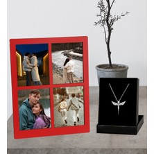 Kişiye Özel 4 Fotoğraflı Kolaj Ahşap Çerçeve ve Melek Kolye Set