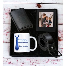 Kişiye Özel Baba Tasarımlı Kupa Bardak Erkek  Mekanizmalı Cüzdan Kemer Ahşap Mdf Siyah Çerçeve (Siyah-Mavi)