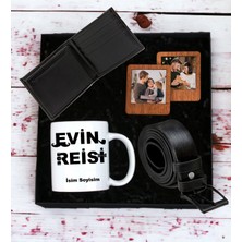 Kişiye Özel Evin Reisi Tasarımlı Kupa Bardak Erkek Cüzdan Kemer 2'li Ahşap Mdf Kahverengi Çerçeve