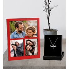 Kişiye Özel 3 Fotoğraflı Kolaj Ahşap Çerçeve ve Melek Kolye Set