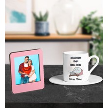 Kişiye Özel Halledicem ve Isim  Arkadaş Tasarımlı Türk Kahve Fincanı ve Resimli Pembe Çerçeve