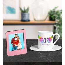Kişiye Özel Baş Harf ve Isim Soyisim Tasarımlı Türk Kahve Fincanı ve Resimli Pembe Çerçeve