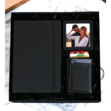 Kişiye Özel Mermer Desenli Defter & Siyah Erkek Mekanizmalı Cüzdan Fotoğraflı Çerçeve Erkek Set (Siyah)