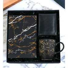 Kişiye Özel Mermer Desenli Defter & Mermer Desenli Kupa Bardak Siyah Erkek Cüzdan Özel Erkek Set (Siyah-Altın)