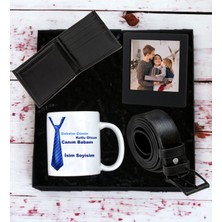 Kişiye Özel Baba Tasarımlı Kupa Bardak Erkek Cüzdan Kemer Siyah Mdf Çerçeve Özel Hediye Seti (Siyah-Mavi)